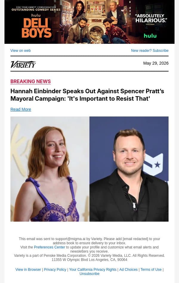 Hannah Einbinder Speaks Out Against Spencer Pratt’s Mayoral Campaign: 'It's Important to Resist That' email from Variety screenshot