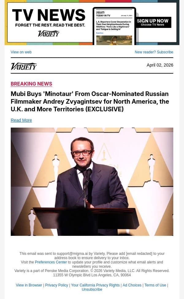 Mubi Buys 'Minotaur' From Oscar-Nominated Russian Filmmaker Andrey Zvyagintsev for North America, the U.K. and More Territories (EXCLUSIVE) email from Variety screenshot