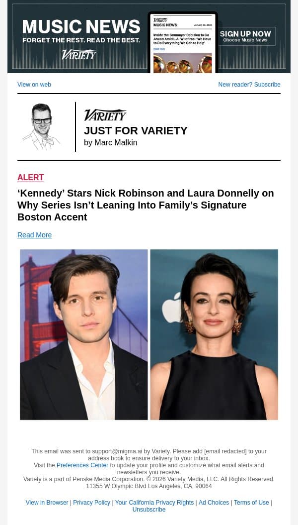 ‘Kennedy’ Stars Nick Robinson and Laura Donnelly on Why Series Isn’t Leaning Into Family’s Signature Boston Accent email from Variety screenshot