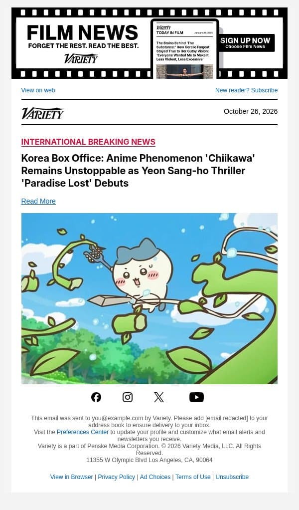 Korea Box Office: Anime Phenomenon 'Chiikawa' Remains Unstoppable as Yeon Sang-ho Thriller 'Paradise Lost' Debuts email from Variety screenshot