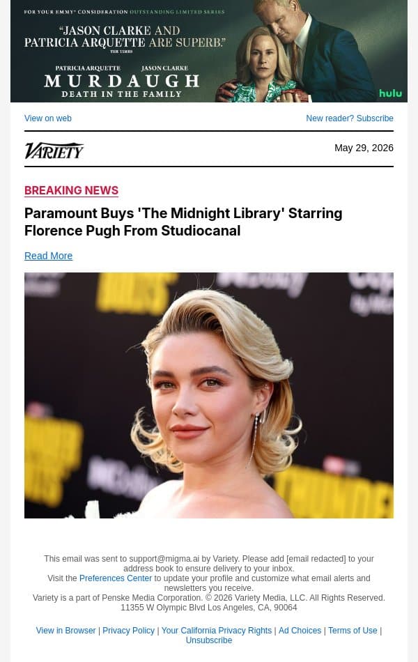 Paramount Buys 'The Midnight Library' Starring Florence Pugh From Studiocanal email from Variety screenshot