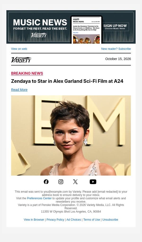 Zendaya to Star in Alex Garland Sci-Fi Film at A24 email from Variety screenshot