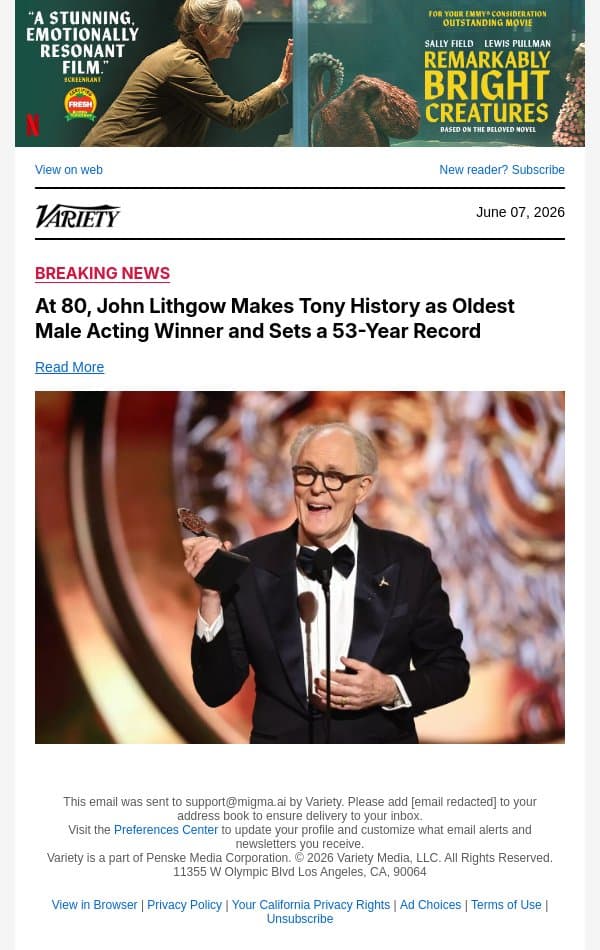 At 80, John Lithgow Makes Tony History as Oldest Male Acting Winner and Sets a 53-Year Record email from Variety screenshot