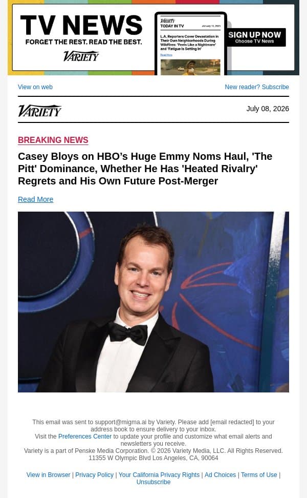 Casey Bloys on HBO’s Huge Emmy Noms Haul, 'The Pitt' Dominance, Whether He Has 'Heated Rivalry' Regrets and His Own Future Post-Merger email from Variety screenshot