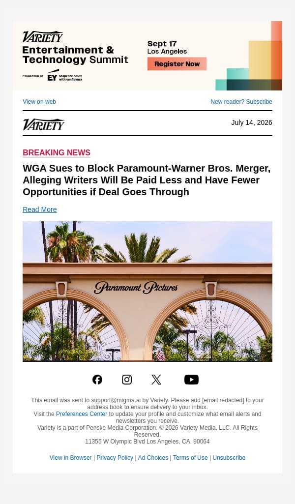 WGA Sues to Block Paramount-Warner Bros. Merger, Alleging Writers Will Be Paid Less and Have Fewer Opportunities if Deal Goes Through email from Variety screenshot