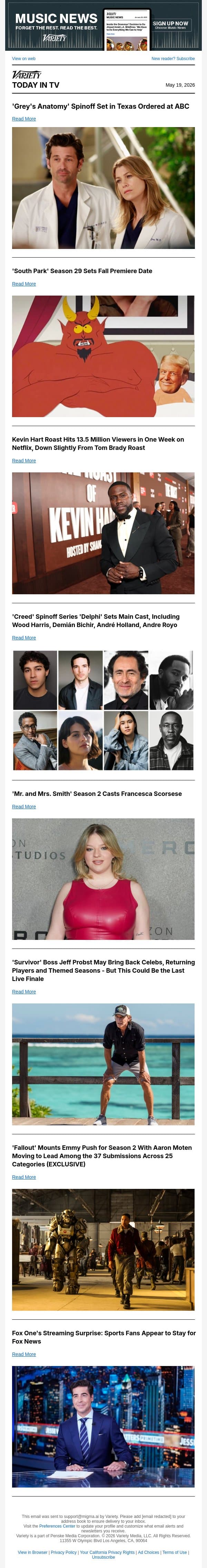 'Grey's Anatomy' Spinoff; 'South Park' S29 Premiere Date; Kevin Hart Roast Ratings email from Variety screenshot