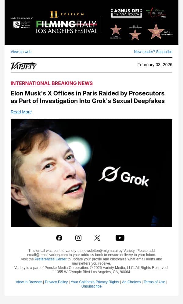Elon Musk's X Offices in Paris Raided by Prosecutors as Part of Investigation Into Grok's Sexual Deepfakes email from Variety screenshot