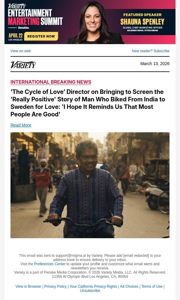 ‘The Cycle of Love’ Director on Bringing to Screen the 'Really Positive' Story of Man Who Biked From India to Sweden for Love: 'I Hope It Reminds Us That Most People Are Good' email from Variety screenshot