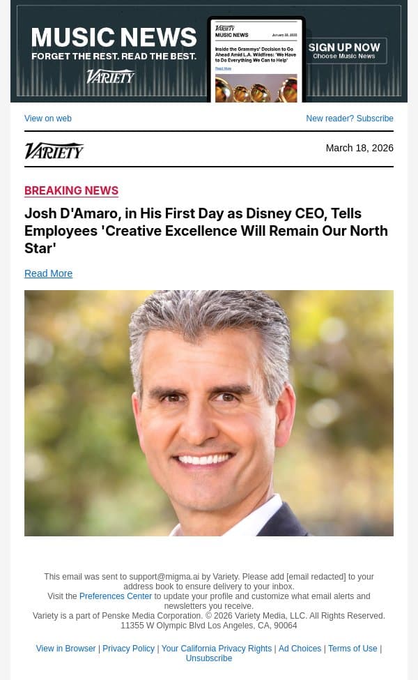 Josh D'Amaro, in His First Day as Disney CEO, Tells Employees 'Creative Excellence Will Remain Our North Star' email from Variety screenshot