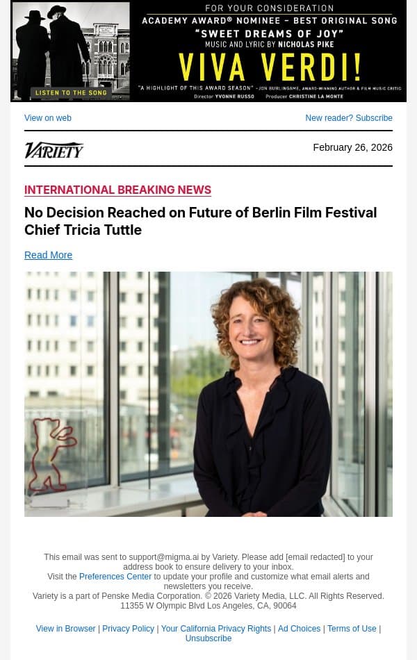 No Decision Reached on Future of Berlin Film Festival Chief Tricia Tuttle email from Variety screenshot
