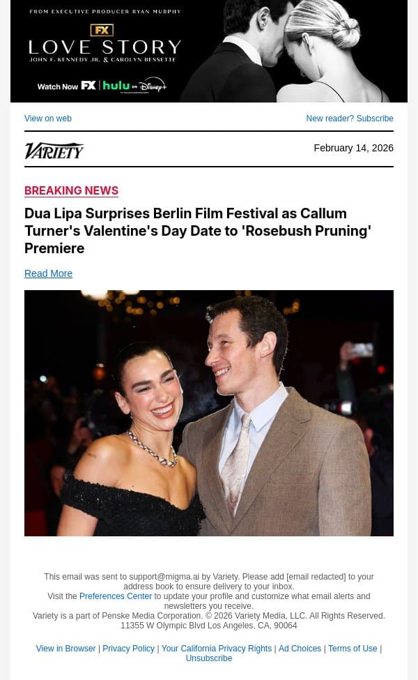 Dua Lipa Surprises Berlin Film Festival as Callum Turner's Valentine's Day Date to 'Rosebush Pruning' Premiere email from Variety screenshot