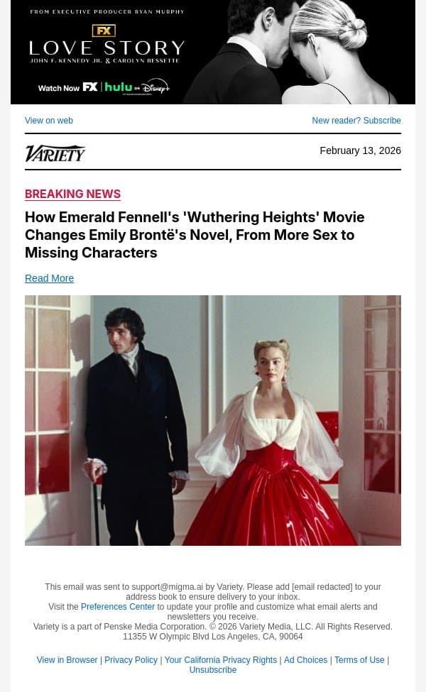 How Emerald Fennell's 'Wuthering Heights' Movie Changes Emily Brontë's Novel, From More Sex to Missing Characters email from Variety screenshot