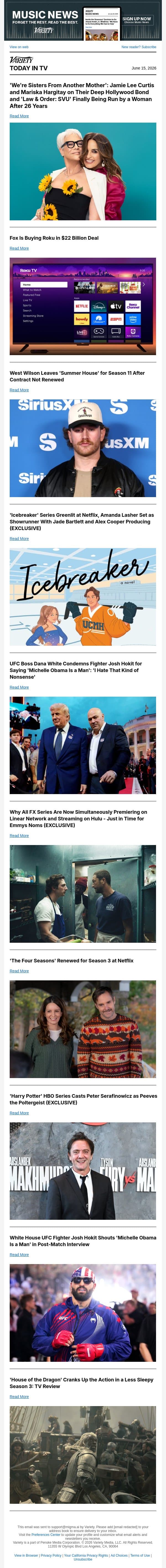 Jamie Lee & Mariska AOA; Fox Buys Roku; West Wilson Leaves 'Summer House' email from Variety screenshot