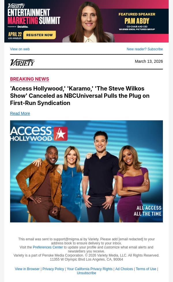 'Access Hollywood,' 'Karamo,' 'The Steve Wilkos Show' Canceled as NBCUniversal Pulls the Plug on First-Run Syndication email from Variety screenshot