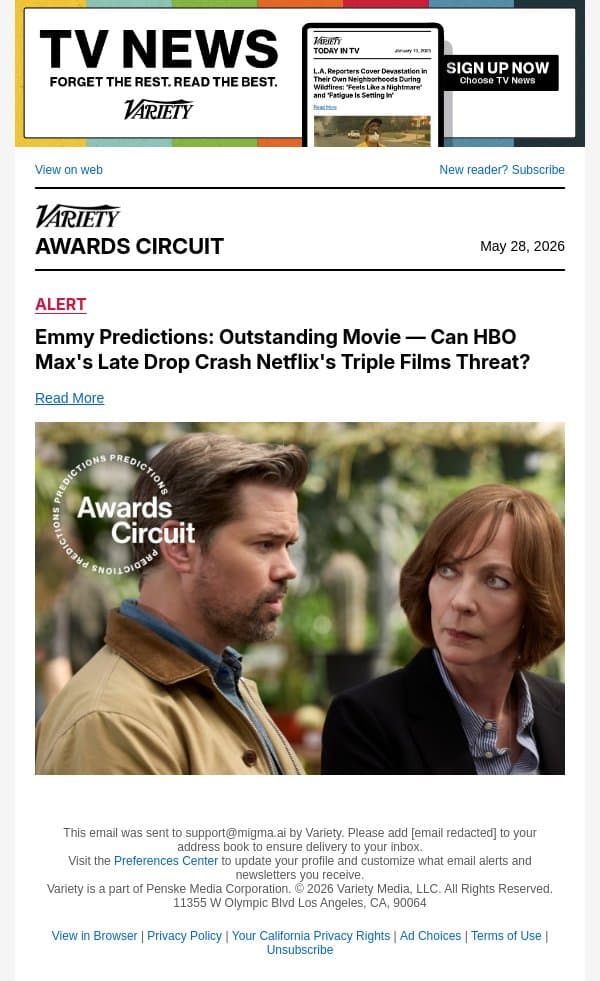 Emmy Predictions: Outstanding Movie — Can HBO Max's Late Drop Crash Netflix's Triple Films Threat? email from Variety screenshot