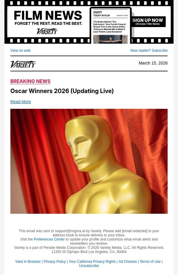 ‘Frankenstein’ Wins Oscar for Costume Design email from Variety screenshot