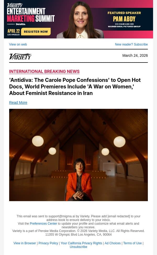 'Antidiva: The Carole Pope Confessions' to Open Hot Docs, World Premieres Include 'A War on Women,' About Feminist Resistance in Iran email from Variety screenshot