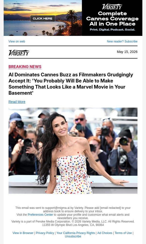 AI Dominates Cannes Buzz as Filmmakers Grudgingly Accept It: 'You Probably Will Be Able to Make Something That Looks Like a Marvel Movie in Your Basement' email from Variety screenshot