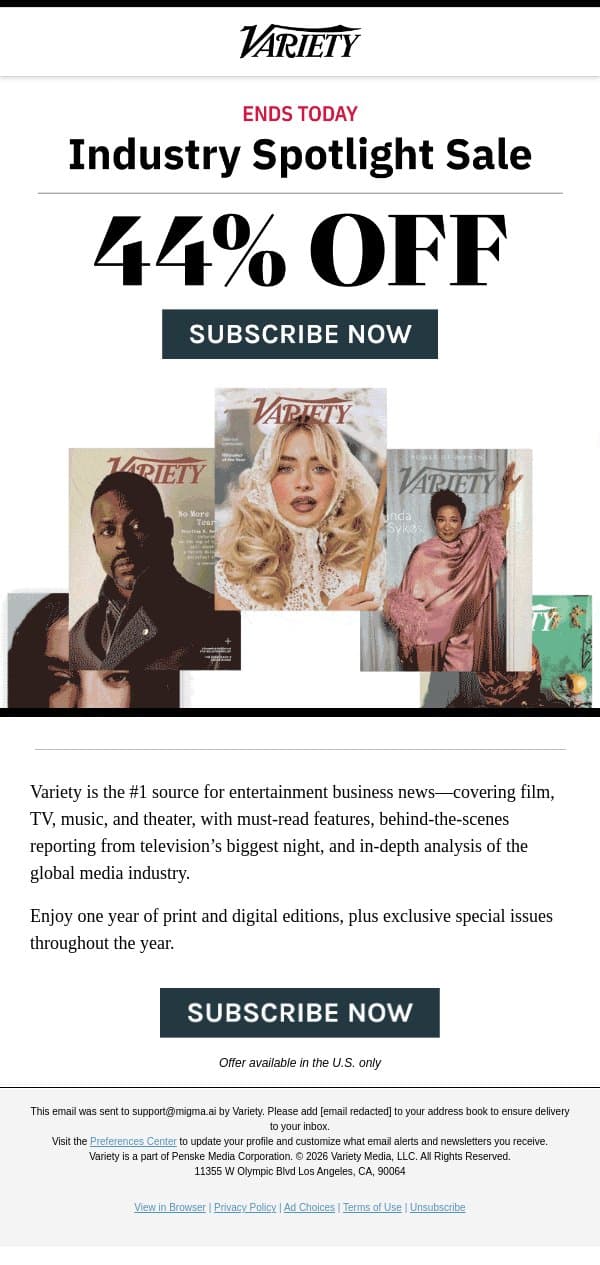 Your Awards-Season Insider Pass: 44% off Variety. Ends Today. email from Variety screenshot