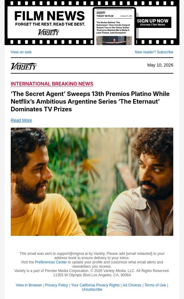 ‘The Secret Agent’ Sweeps 13th Premios Platino While Netflix’s Ambitious Argentine Series ‘The Eternaut’ Dominates TV Prizes email from Variety screenshot