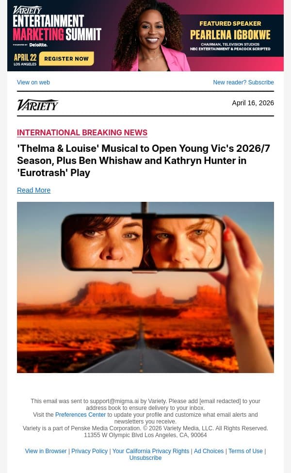 'Thelma and Louise' Musical to Open Young Vic's 2026/7 Season, Plus Ben Whishaw and Kathryn Hunter in 'Eurotrash' Play email from Variety screenshot