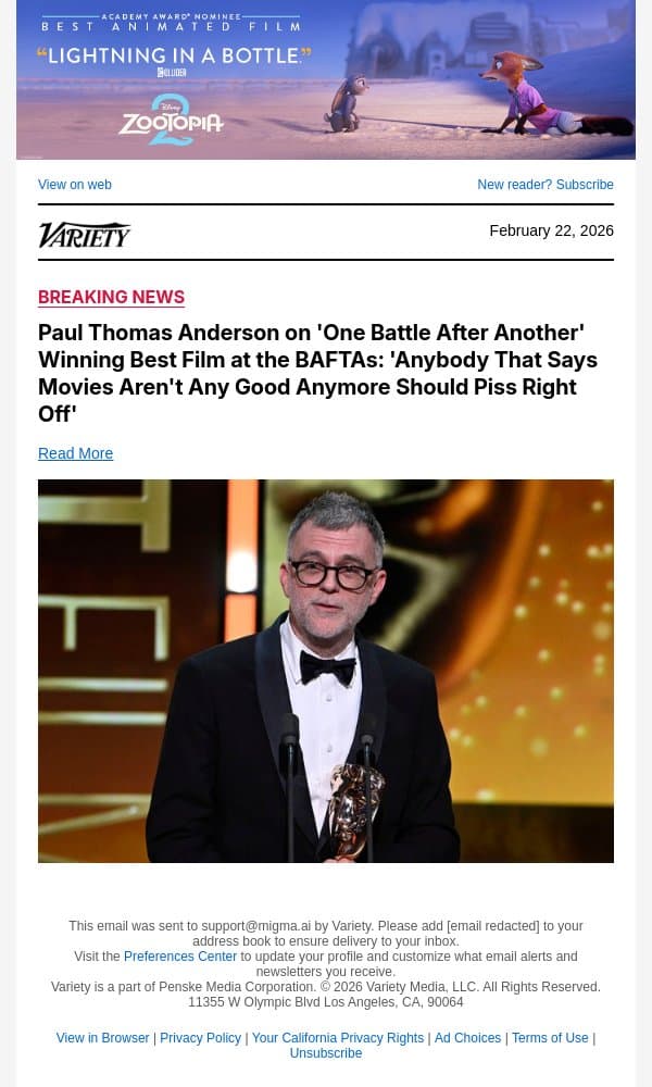 Paul Thomas Anderson on 'One Battle After Another' Winning Best Film at the BAFTAs: 'Anybody That Says Movies Aren't Any Good Anymore Should Piss Right Off' email from Variety screenshot