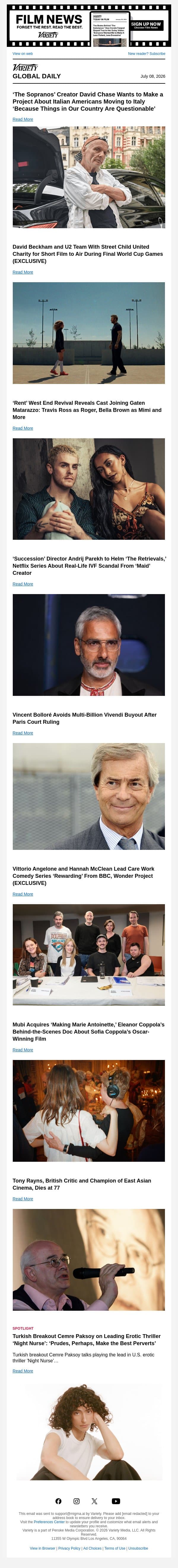 David Chase at Karlovy Vary; David Beckham and U2 Team; 'Rent' West End Cast email from Variety screenshot
