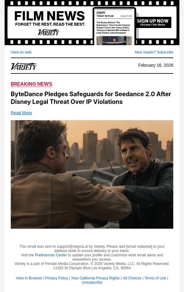 ByteDance Pledges Safeguards for Seedance 2.0 After Disney Legal Threat Over IP Violations email from Variety screenshot