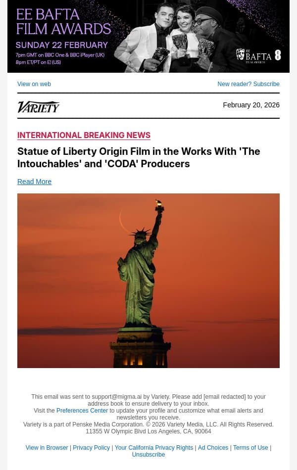 Statue of Liberty Origin Film in the Works With 'The Intouchables' and 'CODA' Producers email from Variety screenshot