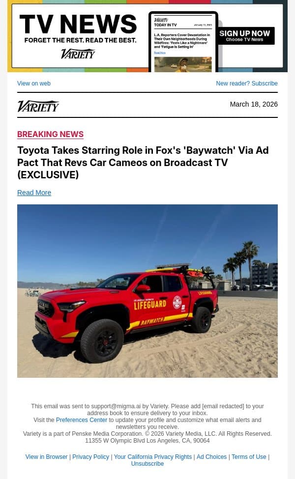Toyota Takes Starring Role in Fox's 'Baywatch' Via Ad Pact That Revs Car Cameos on Broadcast TV (EXCLUSIVE) email from Variety screenshot
