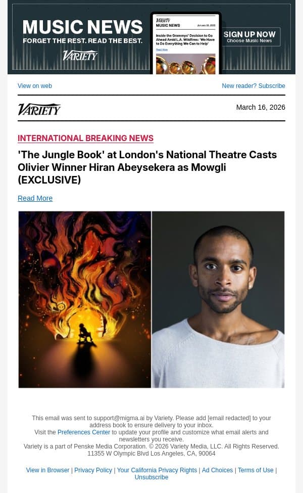 'The Jungle Book' at London's National Theatre Casts Olivier Winner Hiran Abeysekera as Mowgli (EXCLUSIVE) email from Variety screenshot