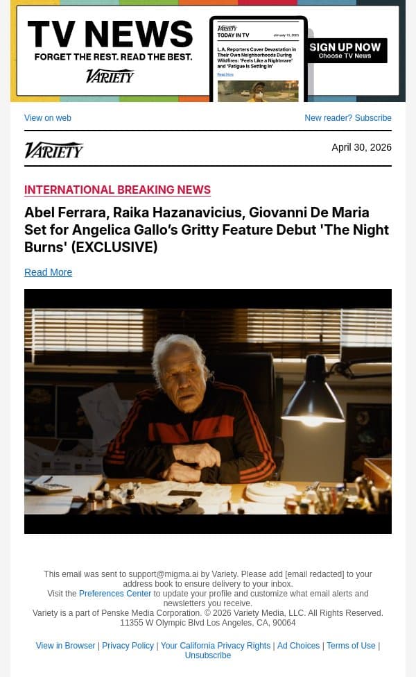 Abel Ferrara, Raika Hazanavicius, Giovanni De Maria Set for Angelica Gallo’s Gritty Feature Debut 'The Night Burns' (EXCLUSIVE) email from Variety screenshot
