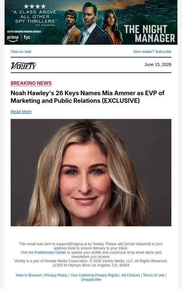 Noah Hawley's 26 Keys Names Mia Ammer as EVP of Marketing and Public Relations (EXCLUSIVE) email from Variety screenshot