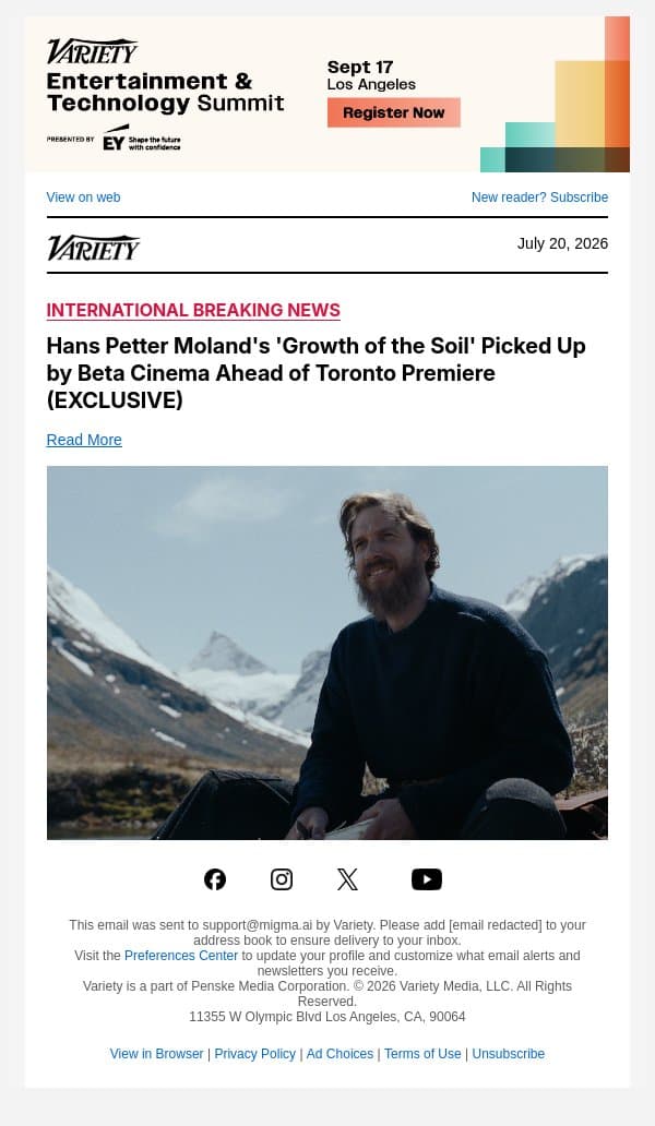 Hans Petter Moland's 'Growth of the Soil' Picked Up by Beta Cinema Ahead of Toronto Premiere (EXCLUSIVE) email from Variety screenshot