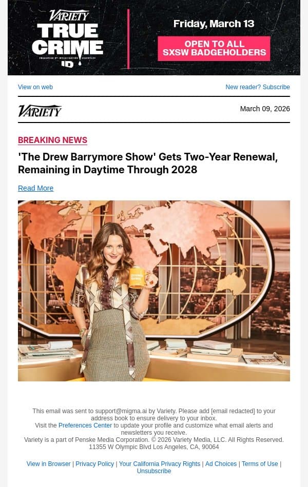 'The Drew Barrymore Show' Gets Two-Year Renewal, Remaining in Daytime Through 2028 email from Variety screenshot