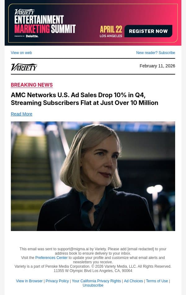 AMC Networks U.S. Ad Sales Drop 10% in Q4, Streaming Subscribers Flat at Just Over 10 Million email from Variety screenshot