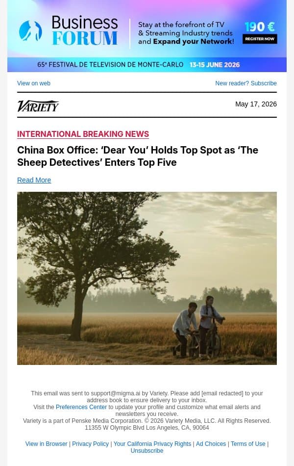 China Box Office: ‘Dear You’ Holds Top Spot as ‘The Sheep Detectives’ Enters Top Five email from Variety screenshot
