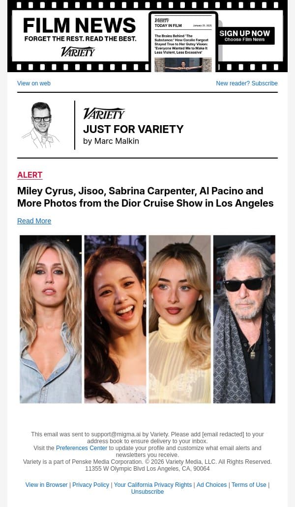 Miley Cyrus, Jisoo, Sabrina Carpenter, Al Pacino and More Photos from the Dior Cruise Show in Los Angeles email from Variety screenshot