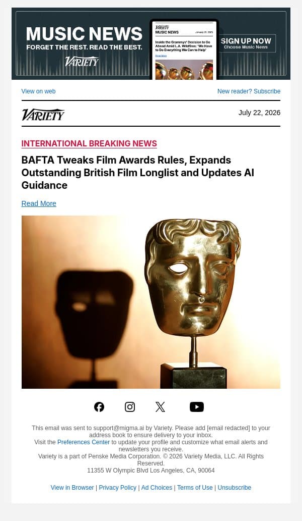 BAFTA Tweaks Film Awards Rules, Expands Outstanding British Film Longlist and Updates AI Guidance email from Variety screenshot