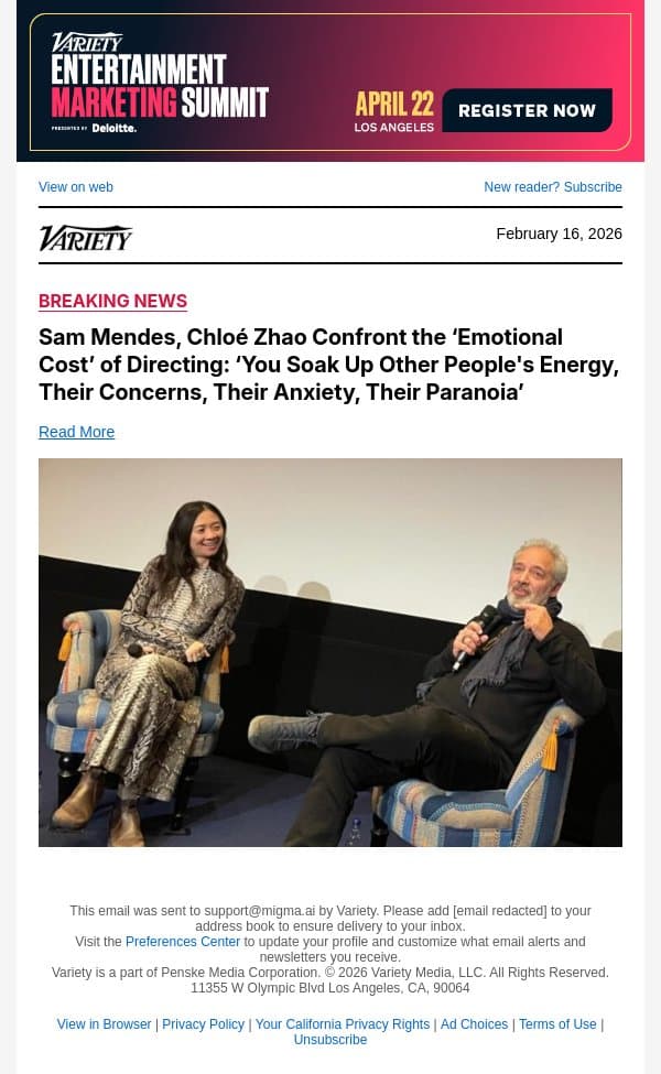 Sam Mendes, Chloé Zhao Confront the ‘Emotional Cost’ of Directing: ‘You Soak Up Other People's Energy, Their Concerns, Their Anxiety, Their Paranoia’ email from Variety screenshot