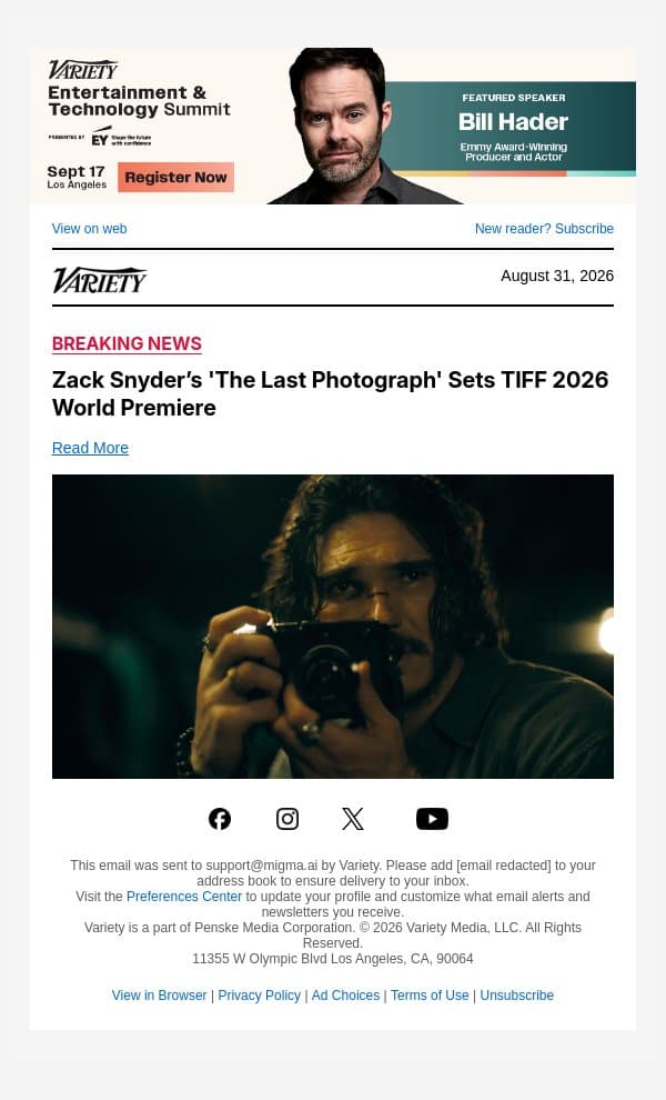 Zack Snyder’s 'The Last Photograph' Sets TIFF 2026 World Premiere email from Variety screenshot