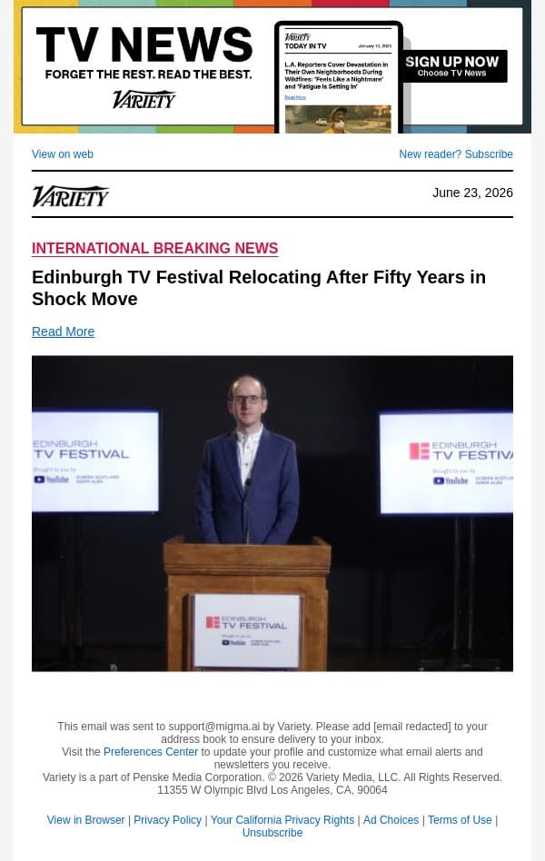 Edinburgh TV Festival Relocating After Fifty Years in Shock Move email from Variety screenshot