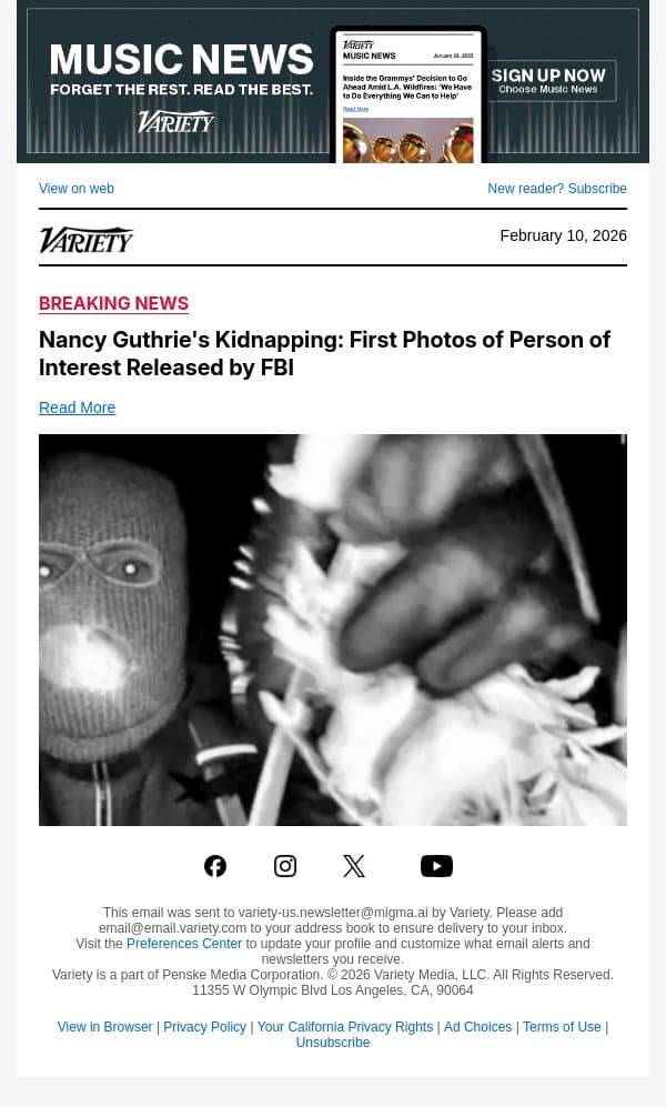 Nancy Guthrie's Kidnapping: First Photos of Person of Interest Released by FBI email from Variety screenshot
