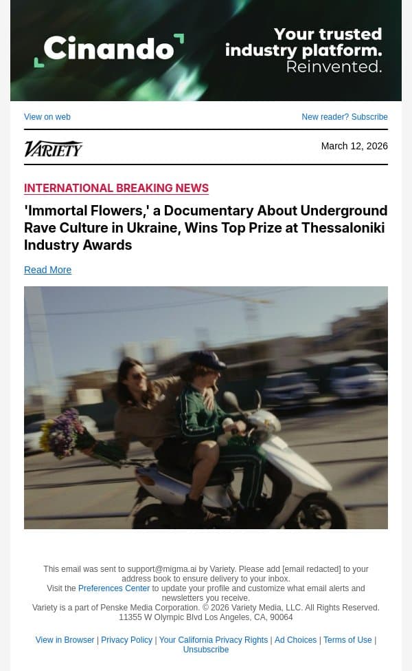 'Immortal Flowers,' a Documentary About Underground Rave Culture in Ukraine, Wins Top Prize at Thessaloniki Industry Awards email from Variety screenshot