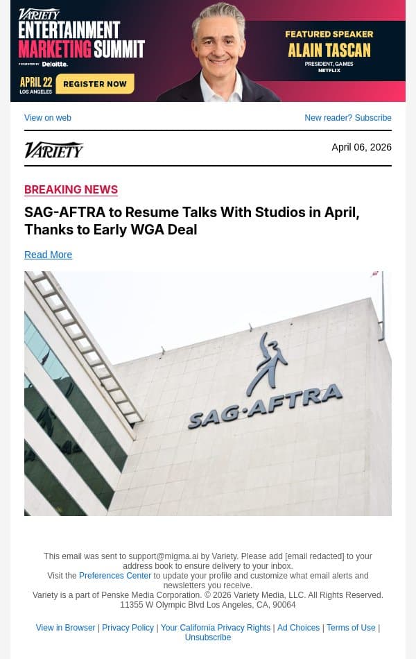 SAG-AFTRA to Resume Talks With Studios in April, Thanks to Early WGA Deal email from Variety screenshot