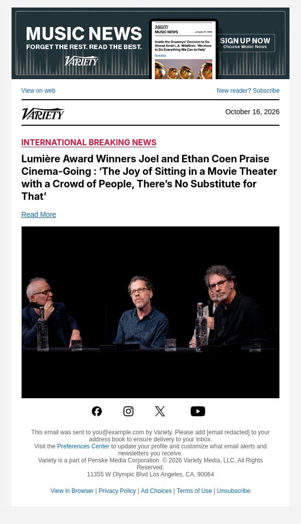 Lumière Award Winners Joel and Ethan Coen Praise Cinema-Going : ‘The Joy of Sitting in a Movie Theater with a Crowd of People, There’s No Substitute for That’ email from Variety screenshot