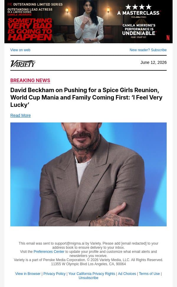 David Beckham on Pushing for a Spice Girls Reunion, World Cup Mania and Family Coming First: ‘I Feel Very Lucky’ email from Variety screenshot