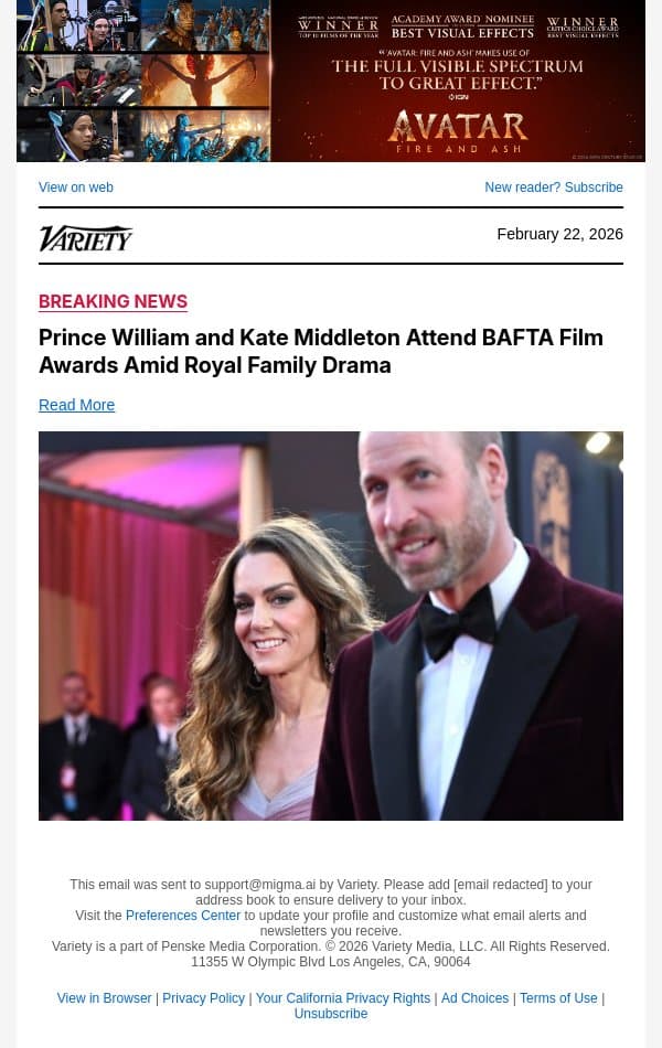 Prince William and Kate Middleton Attend BAFTA Film Awards Amid Royal Family Drama email from Variety screenshot
