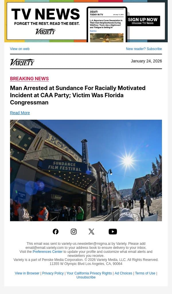 Police Identify Man Arrested at Sundance For Racially Motivated Incident at CAA Party. email from Variety screenshot