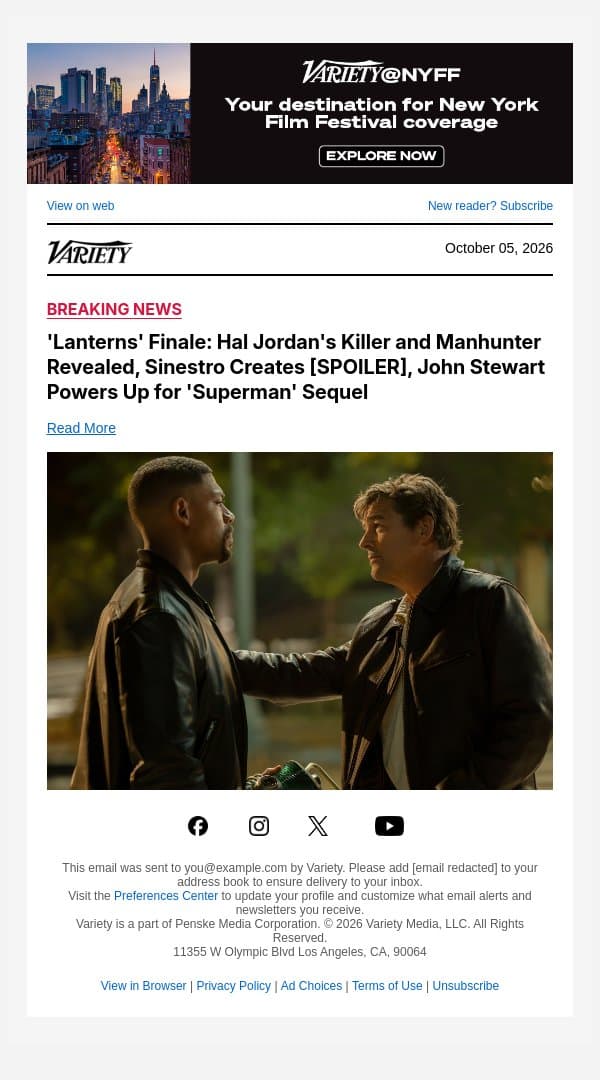 'Lanterns' Finale: Hal Jordan's Killer and Manhunter Revealed, Sinestro Creates [SPOILER], John Stewart Powers Up for 'Superman' Sequel email from Variety screenshot